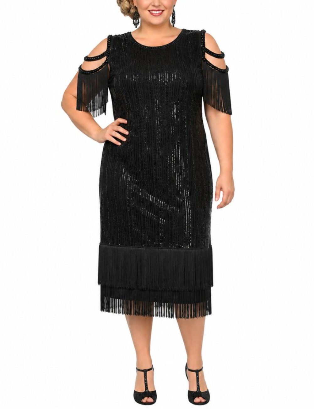 Plus Size 2XL Black Flapper Dress Beaded Cold Shoulder, Sequin Fringe Gatsby
